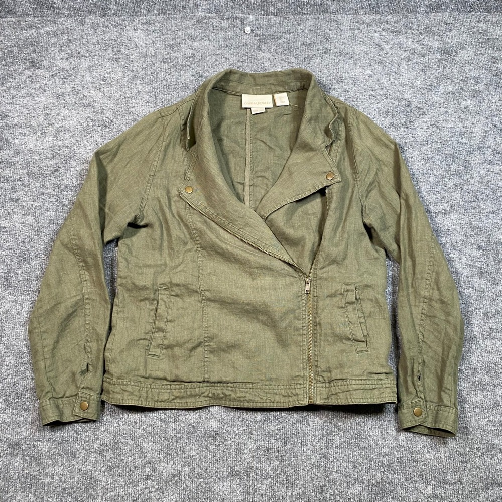 Cynthia Rowley Women Olive Green 100% Linen Asymmetric Zip Moto Jacket Large